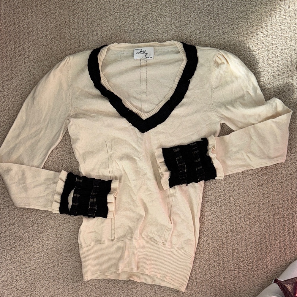 Milly of New York Cream V-Neck Sweater with Black Trim